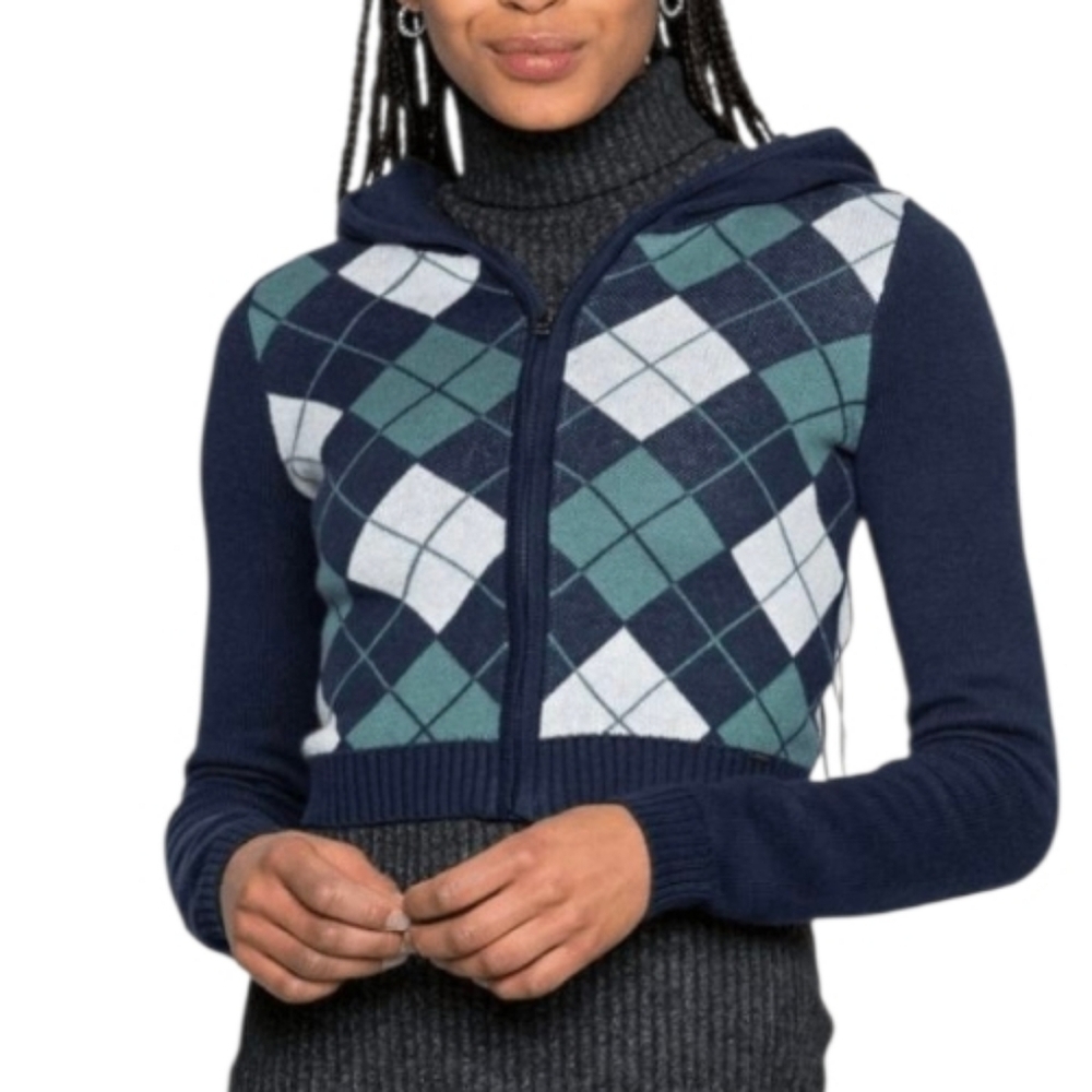 Hollister Co. Women's Full Zip Hooded Cardigan Argyle Long Sleeve Sweater Size S